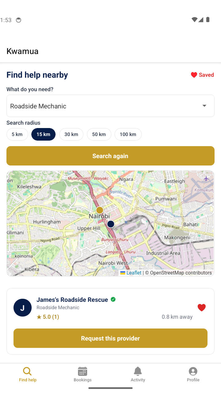 Kwamua app showing nearby verified service providers on a map, with a provider 0.8km away
